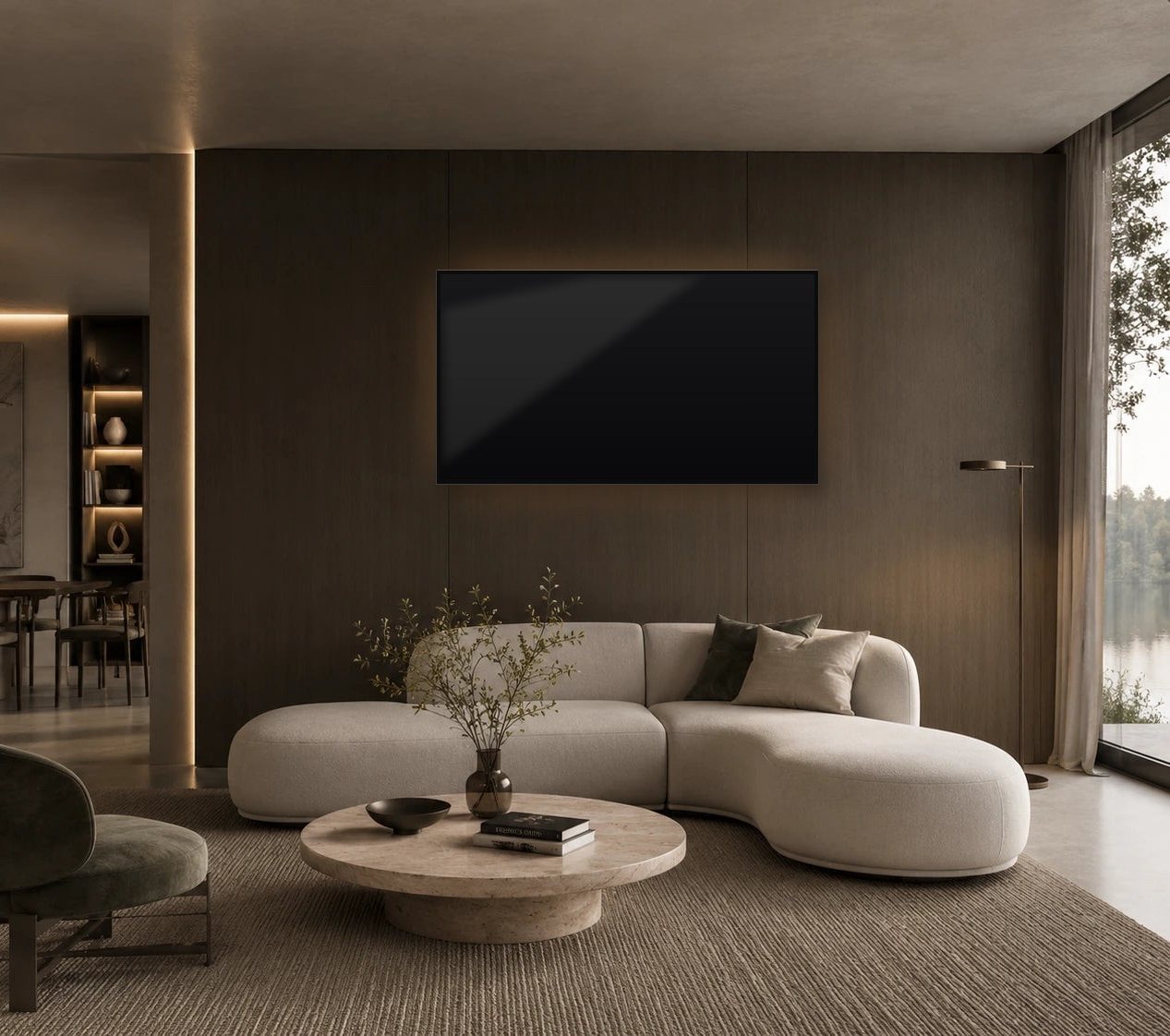 Dark timber panelled wall with a backlit TV above a sofa