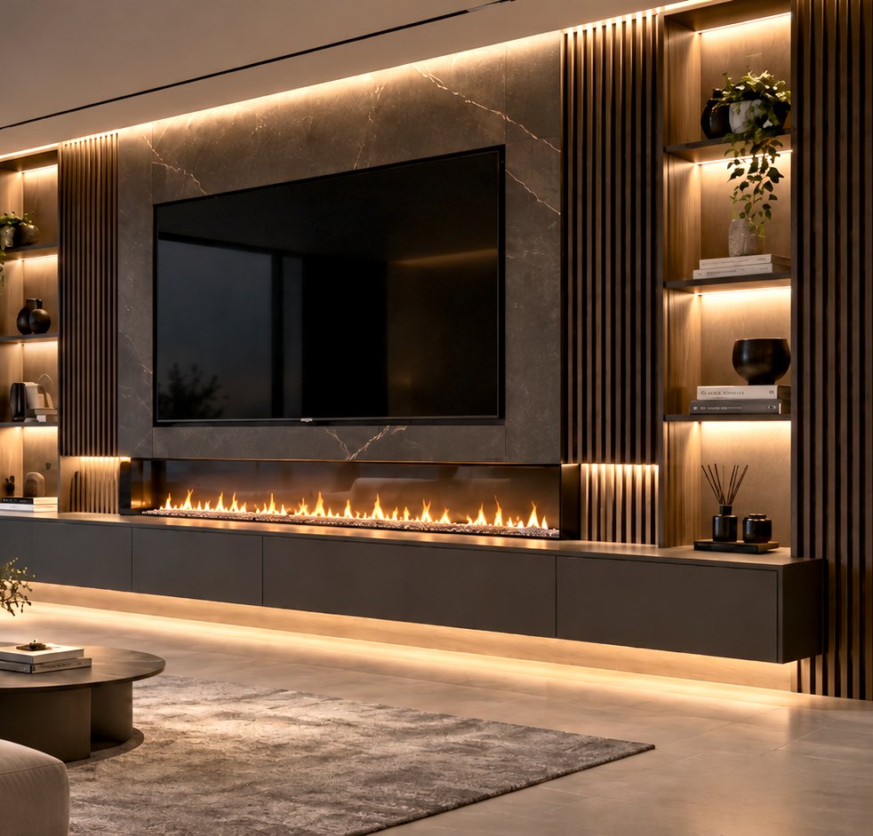 Media wall with stone TV backboard, linear fire, floating unit, lit shelving and timber slats